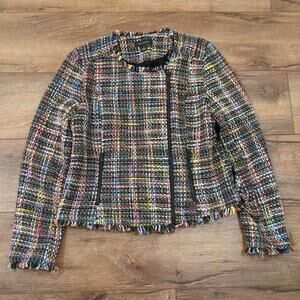 Halogen Women's Medium Frayed Zip Jacket Knit Rainbow Multicolor Tweed Blazer